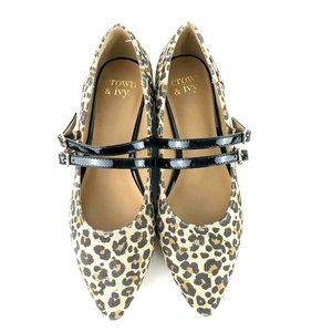 Crown & Ivy Sahara leopard print flats 2 black patent straps buckle 9.5 NWOT
